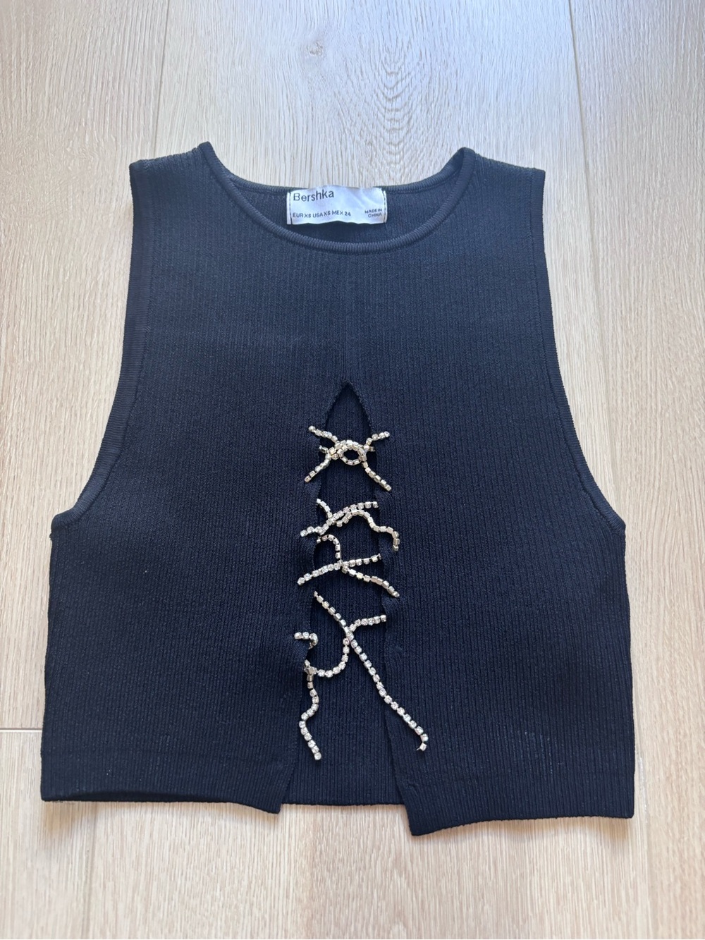 Bershka Black Cropped‎ Tank with Rhinestone Detail